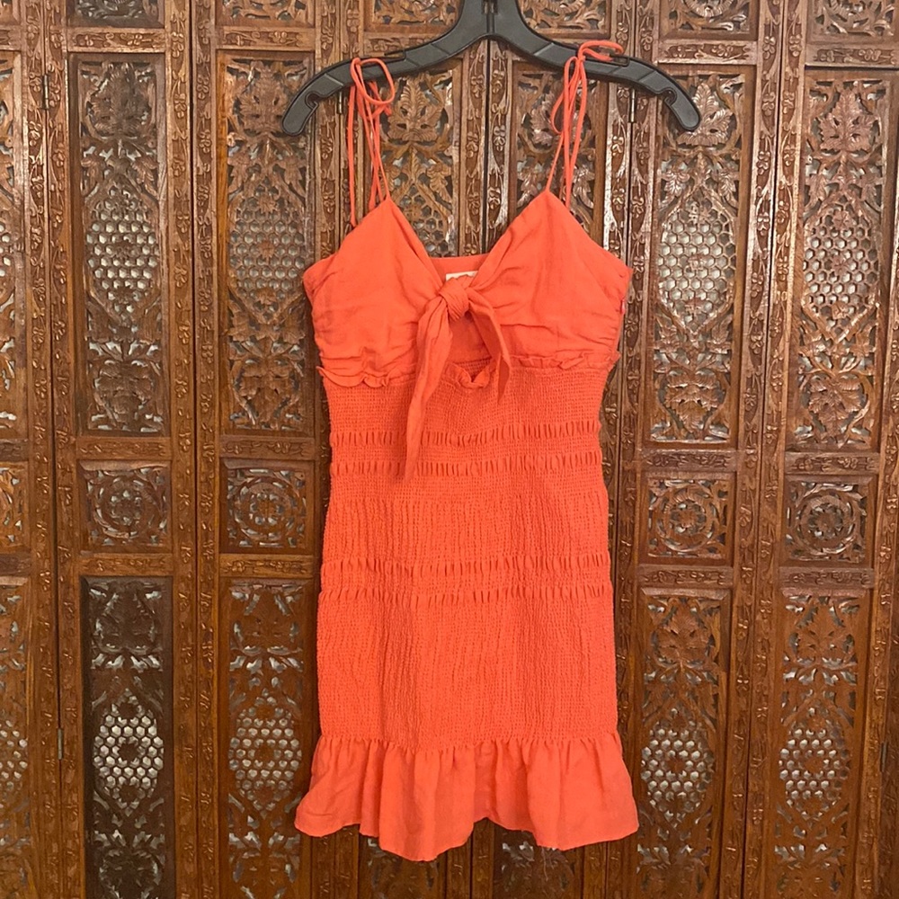 Peach Smocked Tie Shoulder Mini Dress